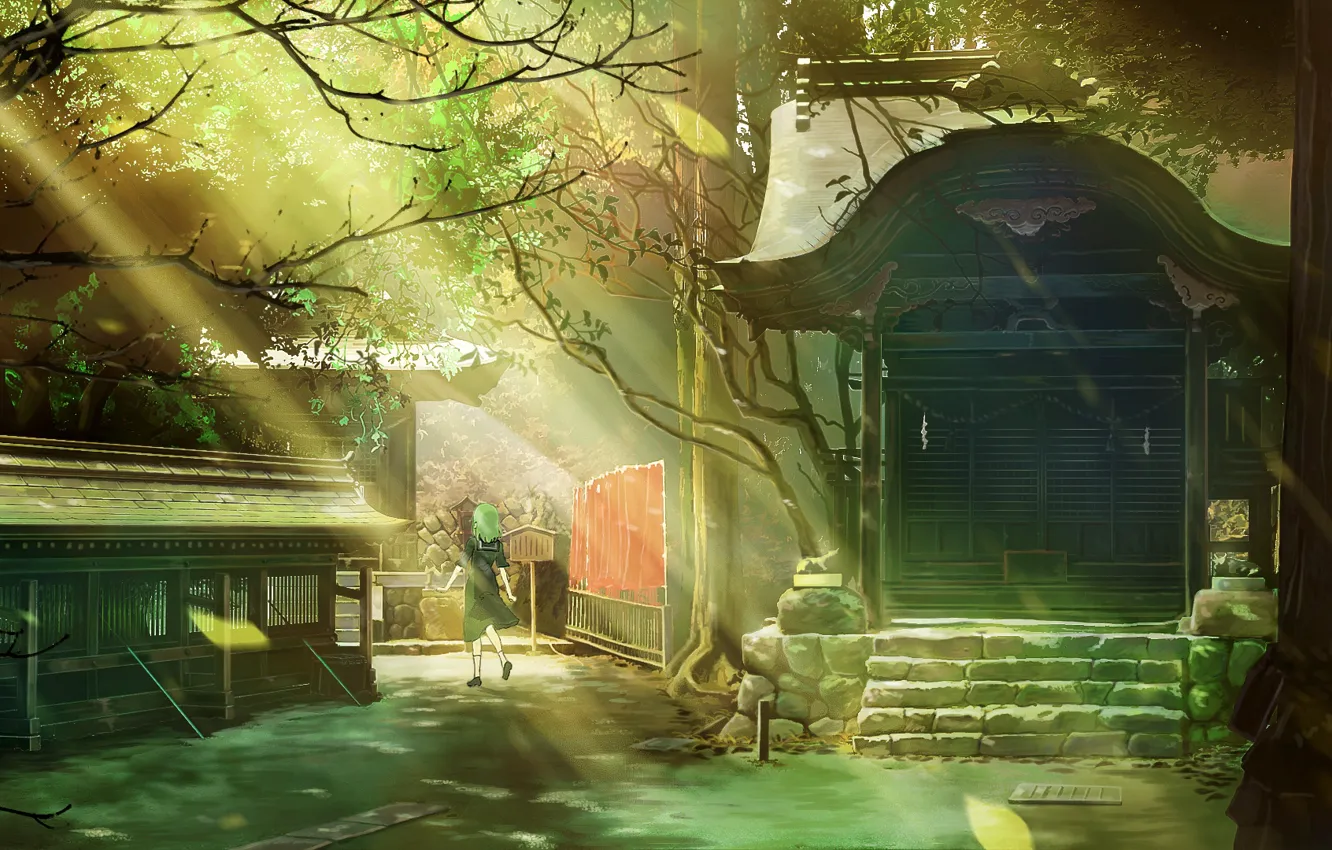 Photo wallpaper girl, nature, temple, the sun's rays