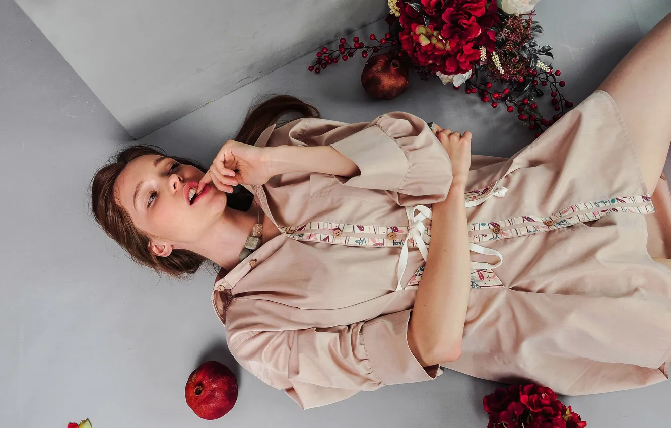 Photo wallpaper girl, face, model, teeth, lips, light, brown hair, the beauty