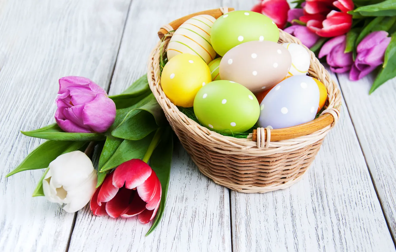 Photo wallpaper flowers, basket, eggs, spring, colorful, Easter, tulips, wood