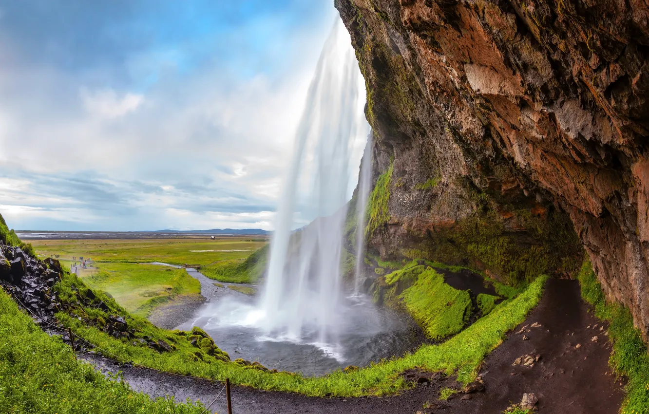 Photo wallpaper greens, grass, rock, stones, waterfall, moss, Iceland, Seljalandsfoss
