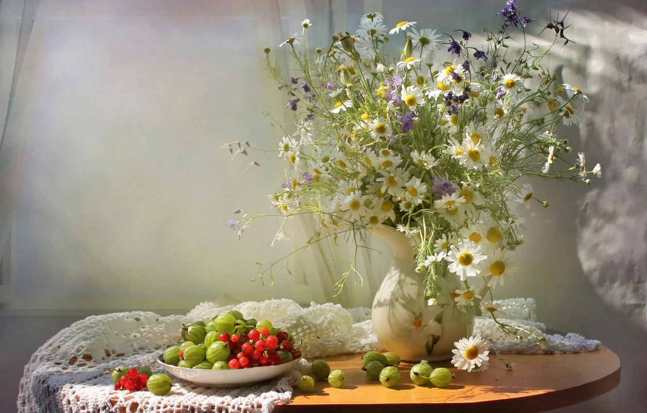 Photo wallpaper summer, chamomile, bouquet, currants, gooseberry