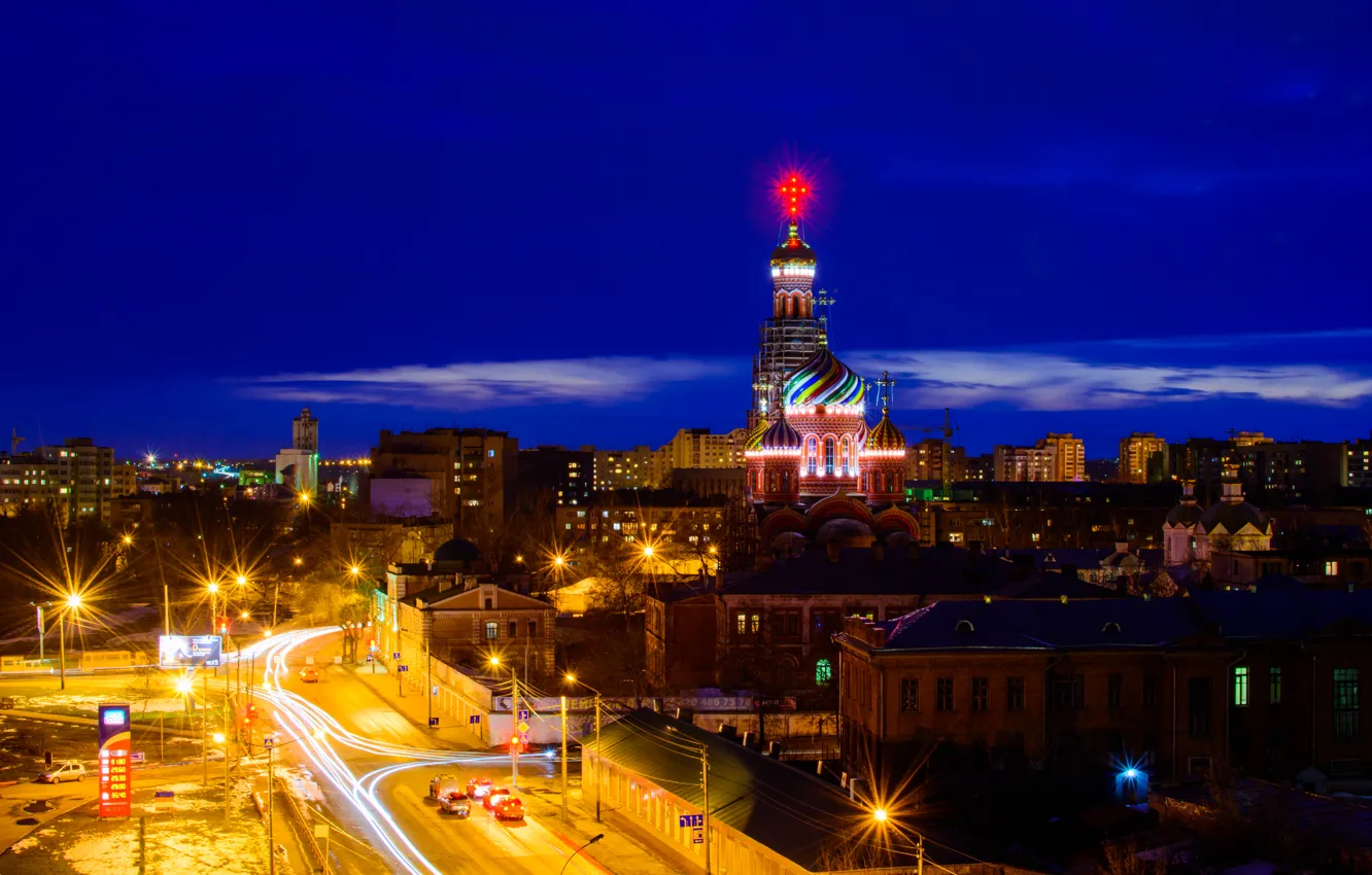 Photo wallpaper road, night, speed, night landscape, lights, Church, night city