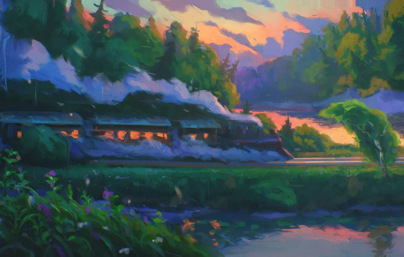 Photo wallpaper forest, the sky, trees, sunset, river, smoke, the engine, art