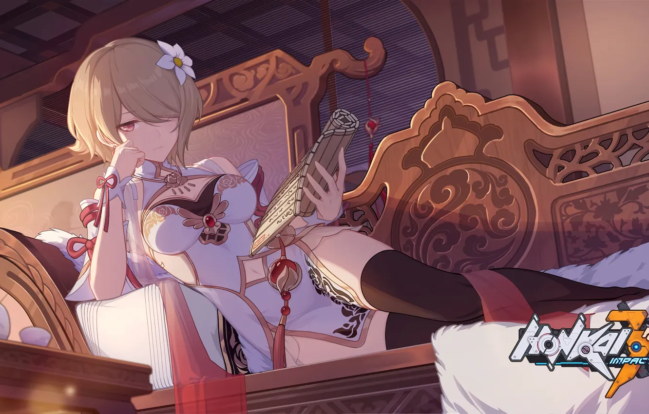 Photo wallpaper girl, lies, sofa, Honkai Impact 3rd, Rita Rossweisse