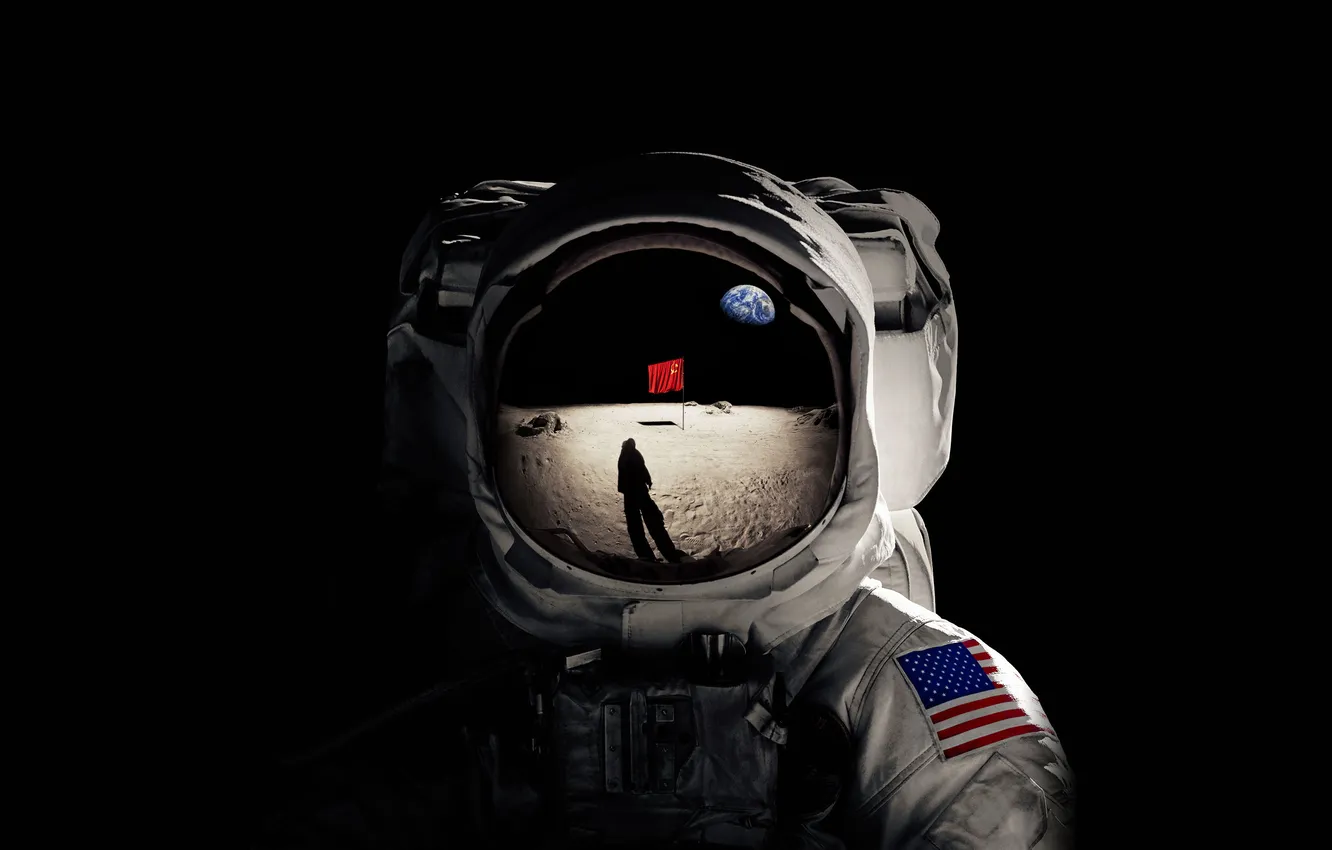 Photo wallpaper glass, reflection, the moon, flag, the suit, astronaut, selfie