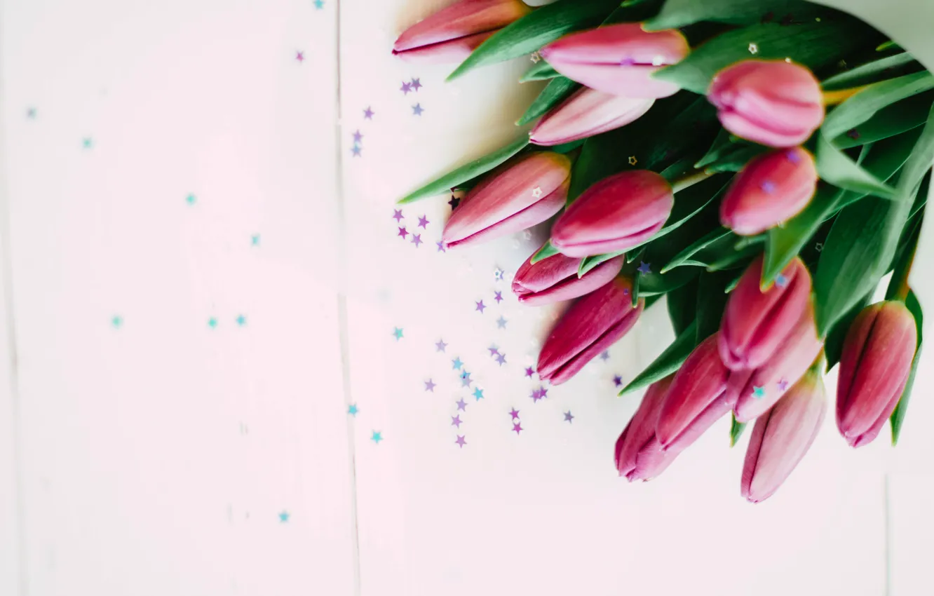 Photo wallpaper flowers, Board, bouquet, tulips, pink, buds, pink background, stars