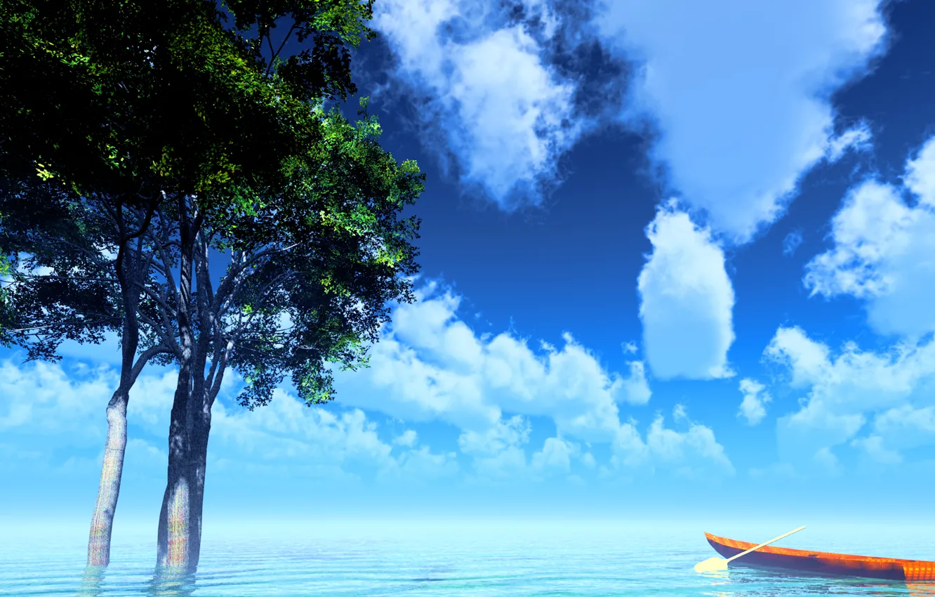 Photo wallpaper the sky, trees, lake, boat, and-k