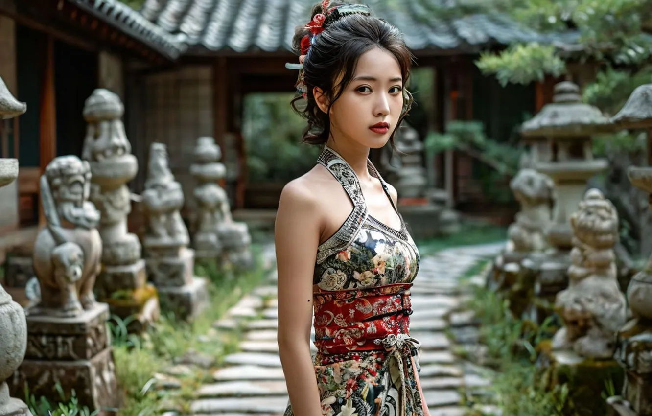 Photo wallpaper garden, sculpture, Asian, cutie, beautiful girl, asian, digital art, digital art