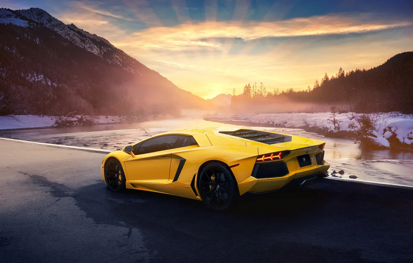 Photo wallpaper Lamborghini, Sunset, Yellow, LP700-4, Aventador, Supercar, Rear, Giallo Orion