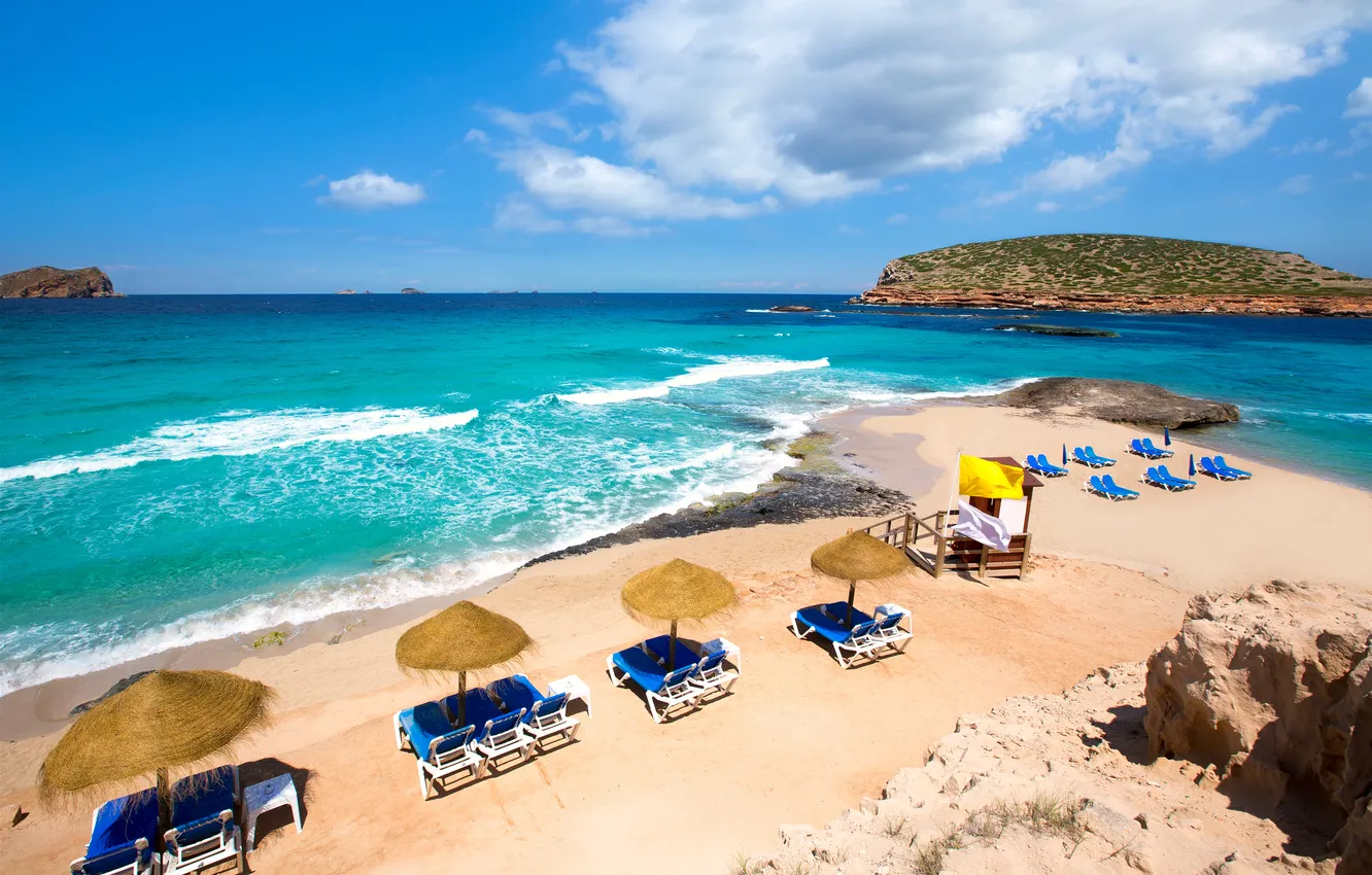 Photo wallpaper sea, beach, mountains, nature, tropics, palm trees, umbrella, beach