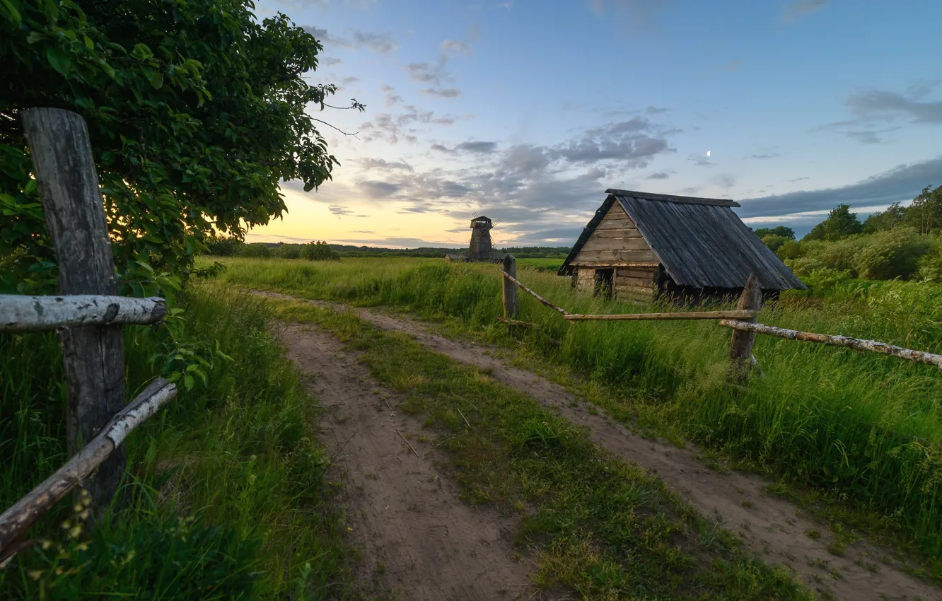 Photo wallpaper road, field, the sky, grass, clouds, trees, the fence, hut