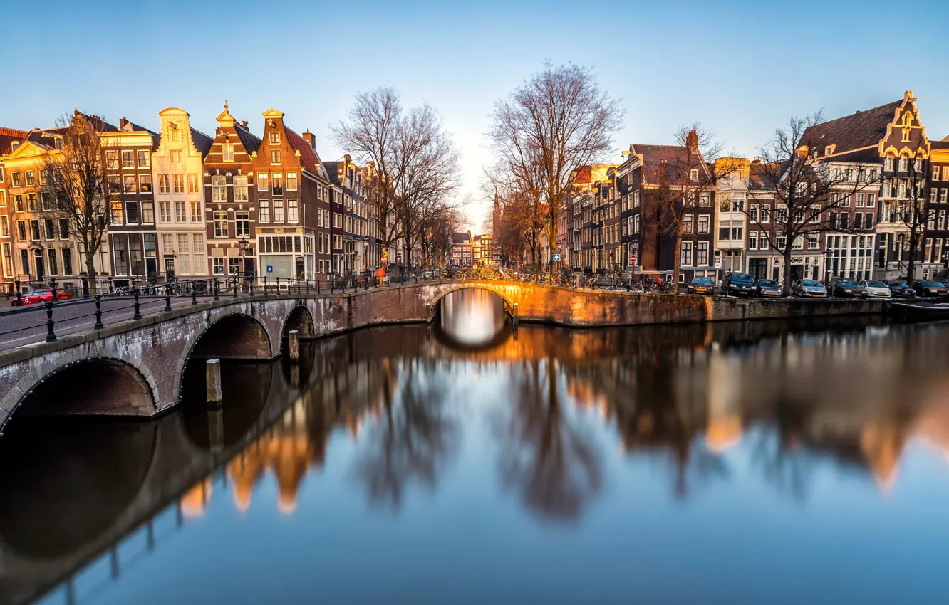Photo wallpaper light, trees, landscape, yellow, bridge, reflection, river, street