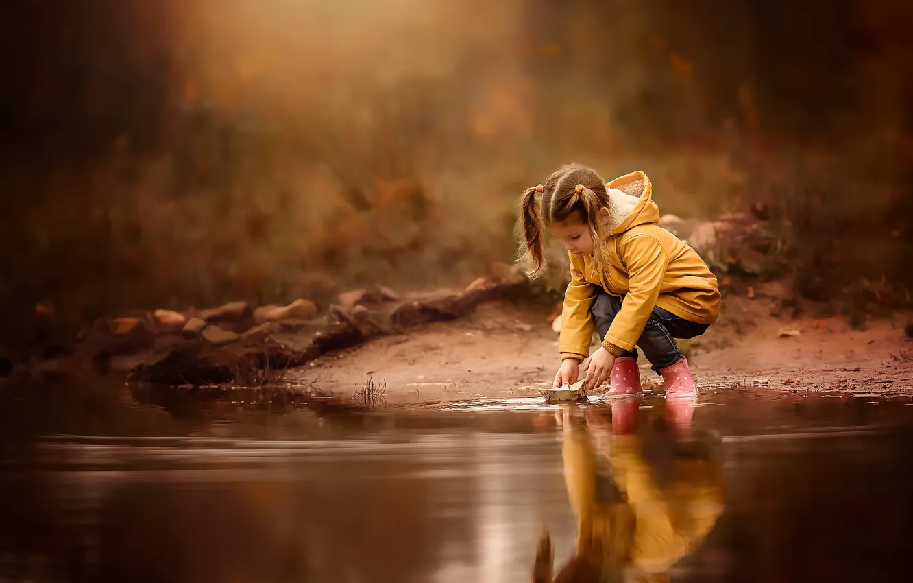 Photo wallpaper river, girl, boat
