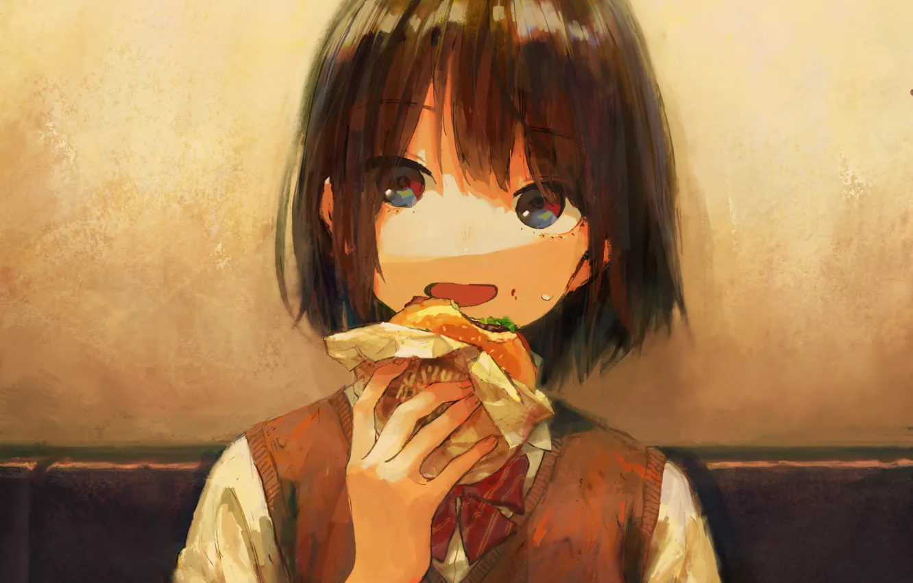 Photo wallpaper face, girl, schoolgirl, sandwich, bites, vest, bangs