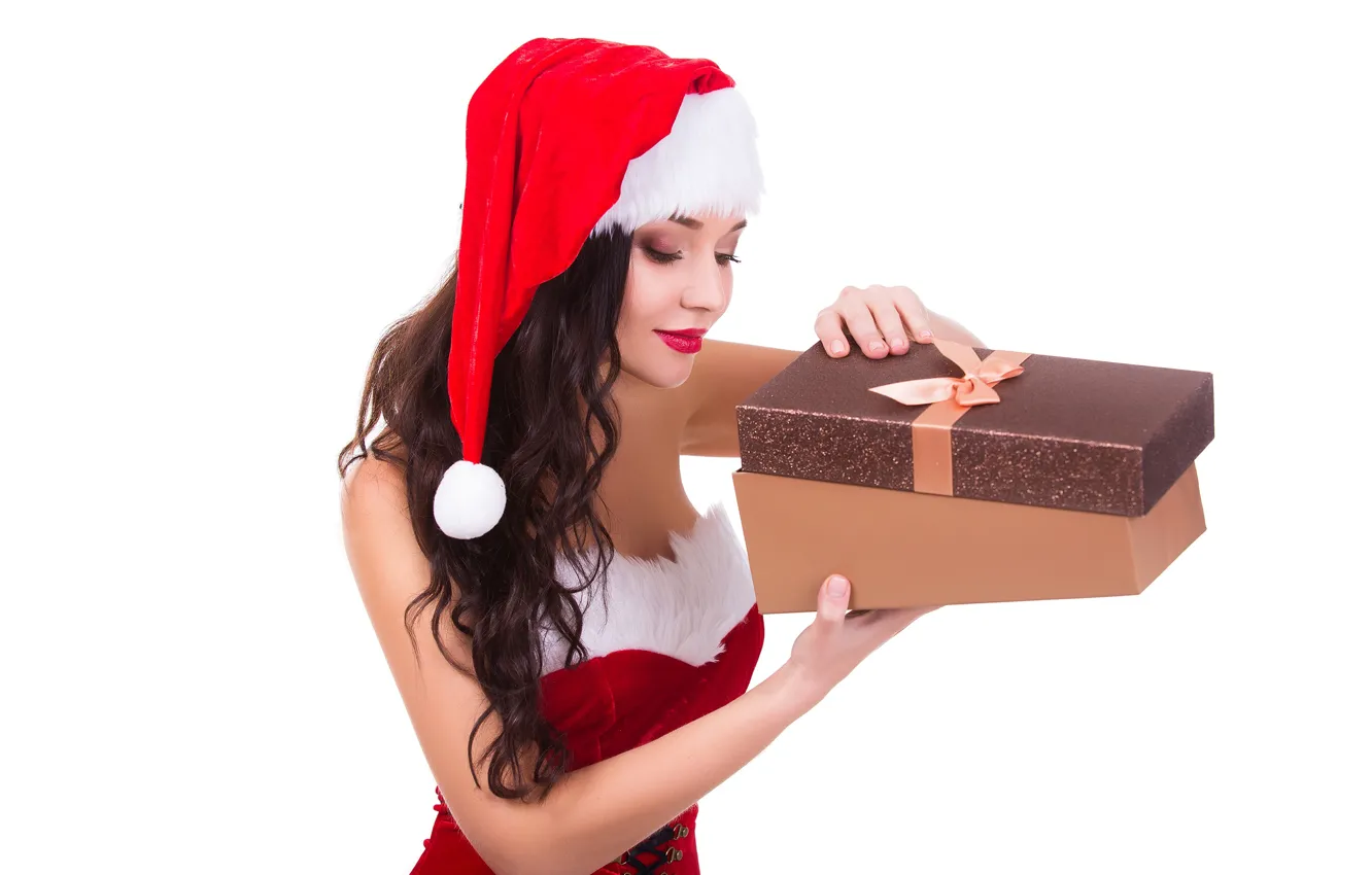 Photo wallpaper girl, holiday, box, gift, hat, new year, Christmas, makeup