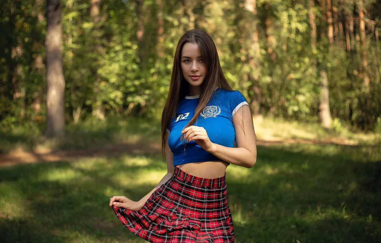 Photo wallpaper grass, long hair, model, women, brunette, thighs, looking at viewer, Evgeniy Krestyanov