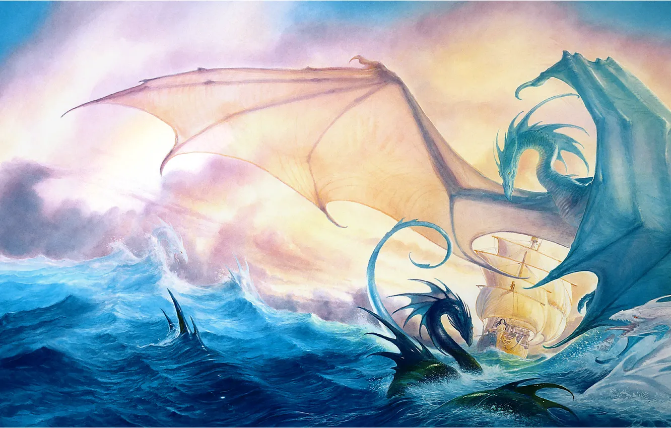 Photo wallpaper sea, fantasy, dragon, ship