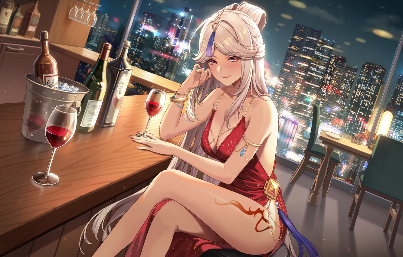 Photo wallpaper red eyes, ponytail, artwork, red dress, anime girls, white hair, Big boobs, Bracelets