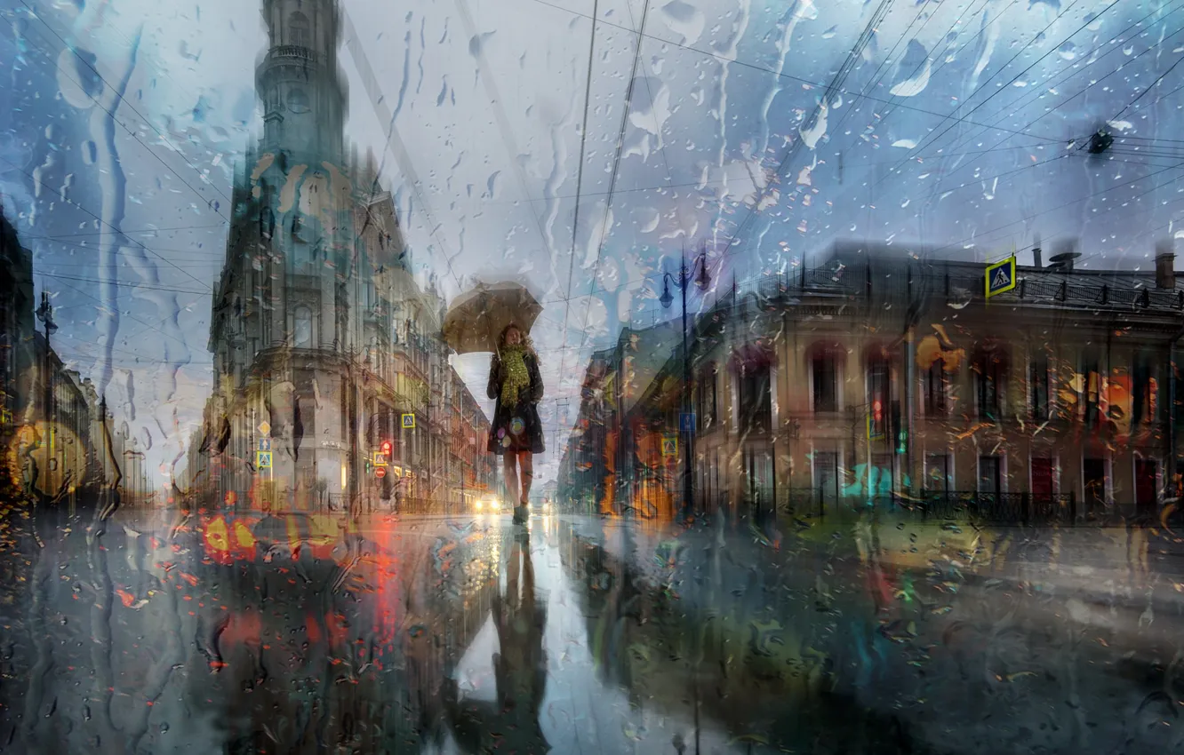 Photo wallpaper road, glass, girl, drops, the city, reflection, rain, street