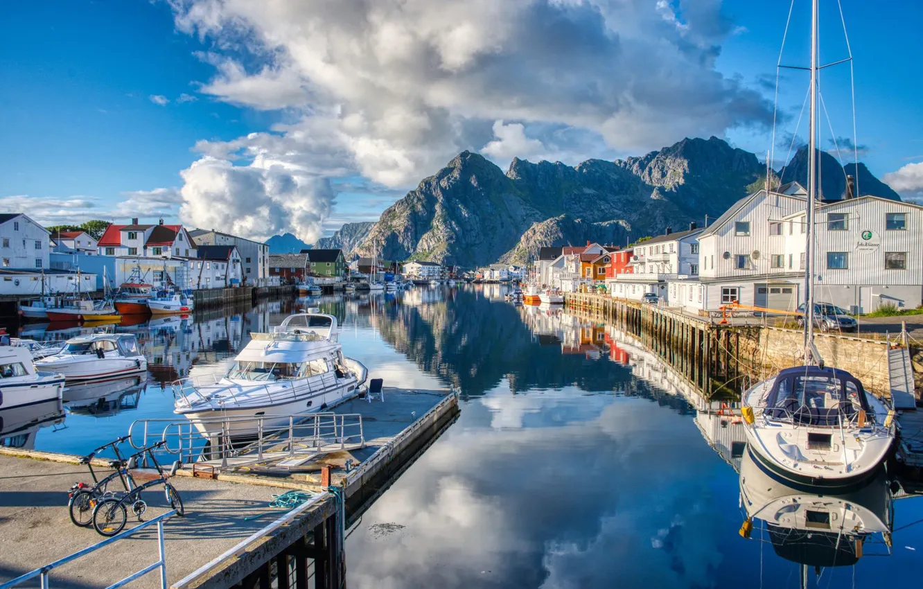 Photo wallpaper mountains, reflection, building, home, yacht, village, port, Norway