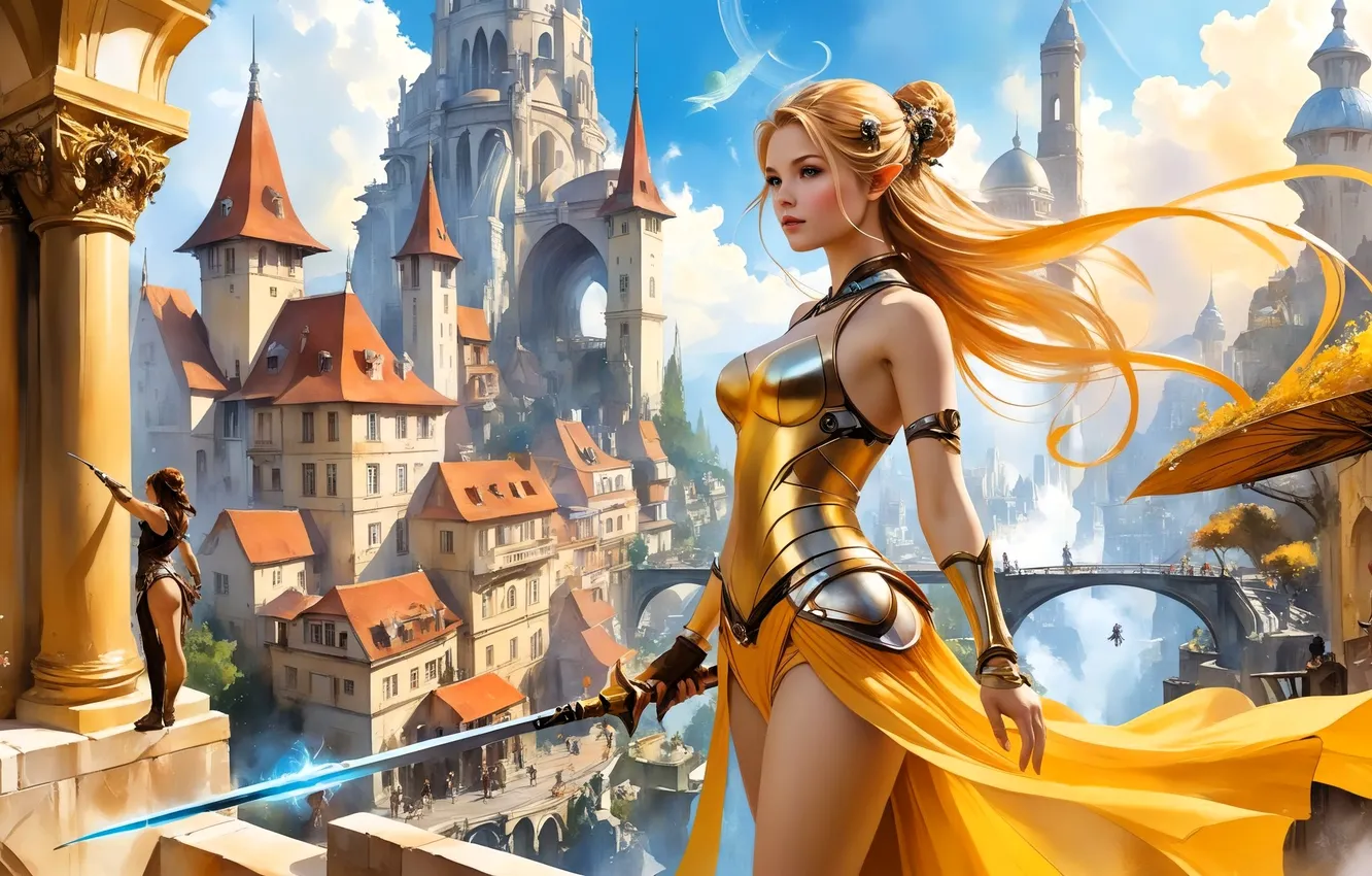 Photo wallpaper clouds, the city, girls, building, home, sword, panorama, outfit