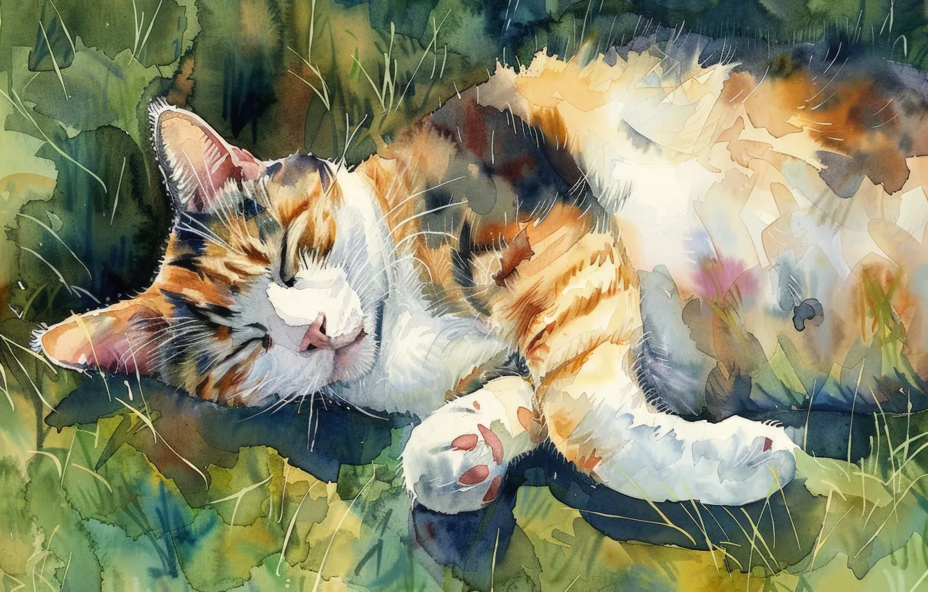 Photo wallpaper cat, grass, cat, art, sleeping, digital art, imitation painting, AI art
