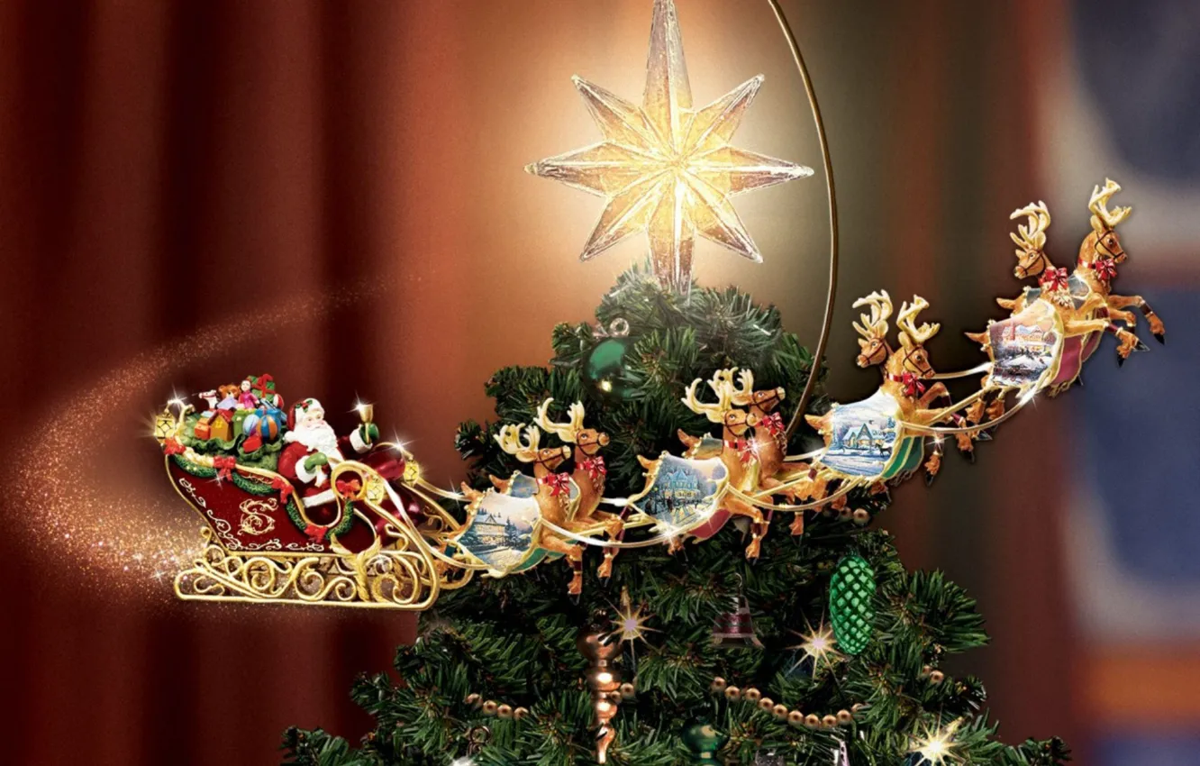 Photo wallpaper star, tree, New year, sleigh, deer, Thomas Kinkade