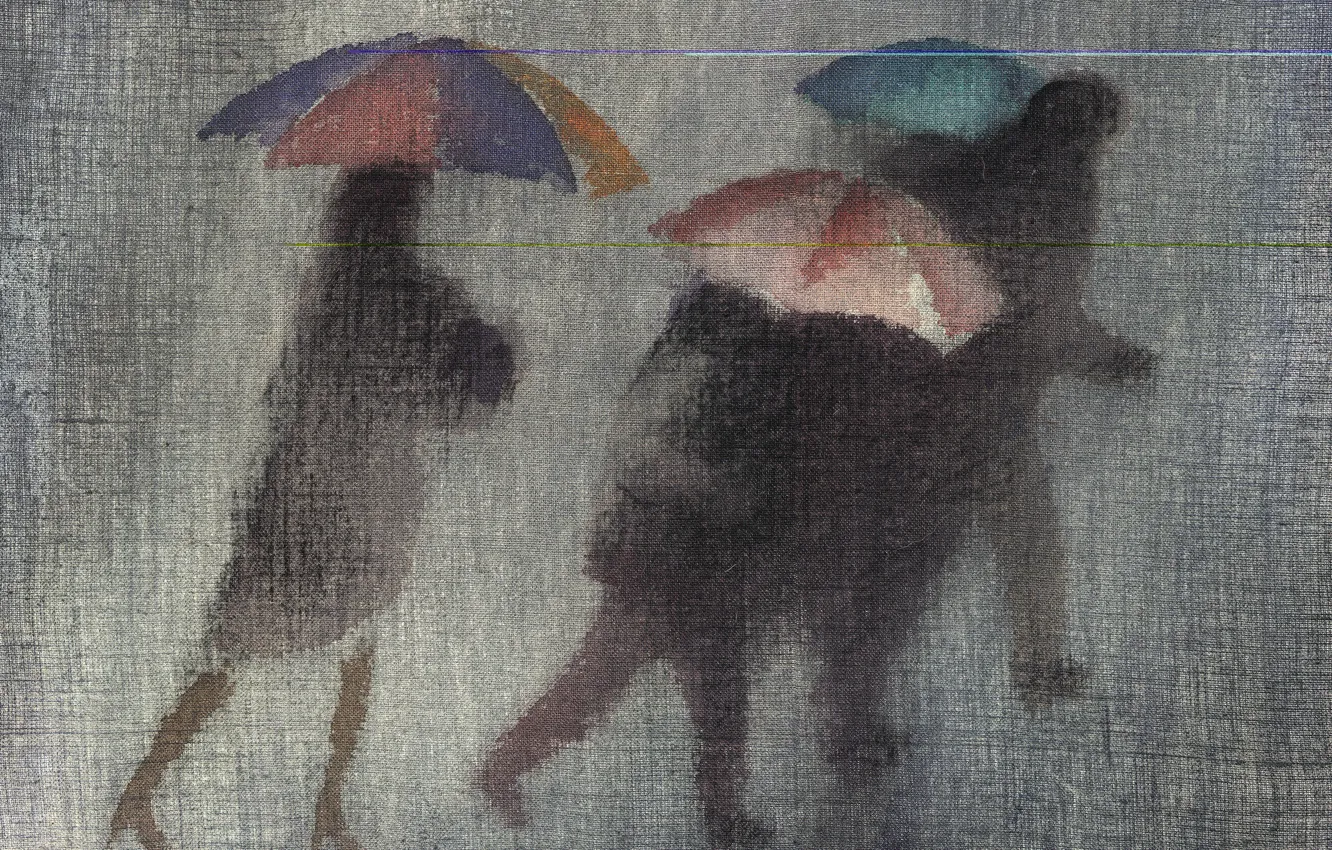 Photo wallpaper autumn, umbrellas, grey background, the black pieces, Robert McIntosh, torrential rain