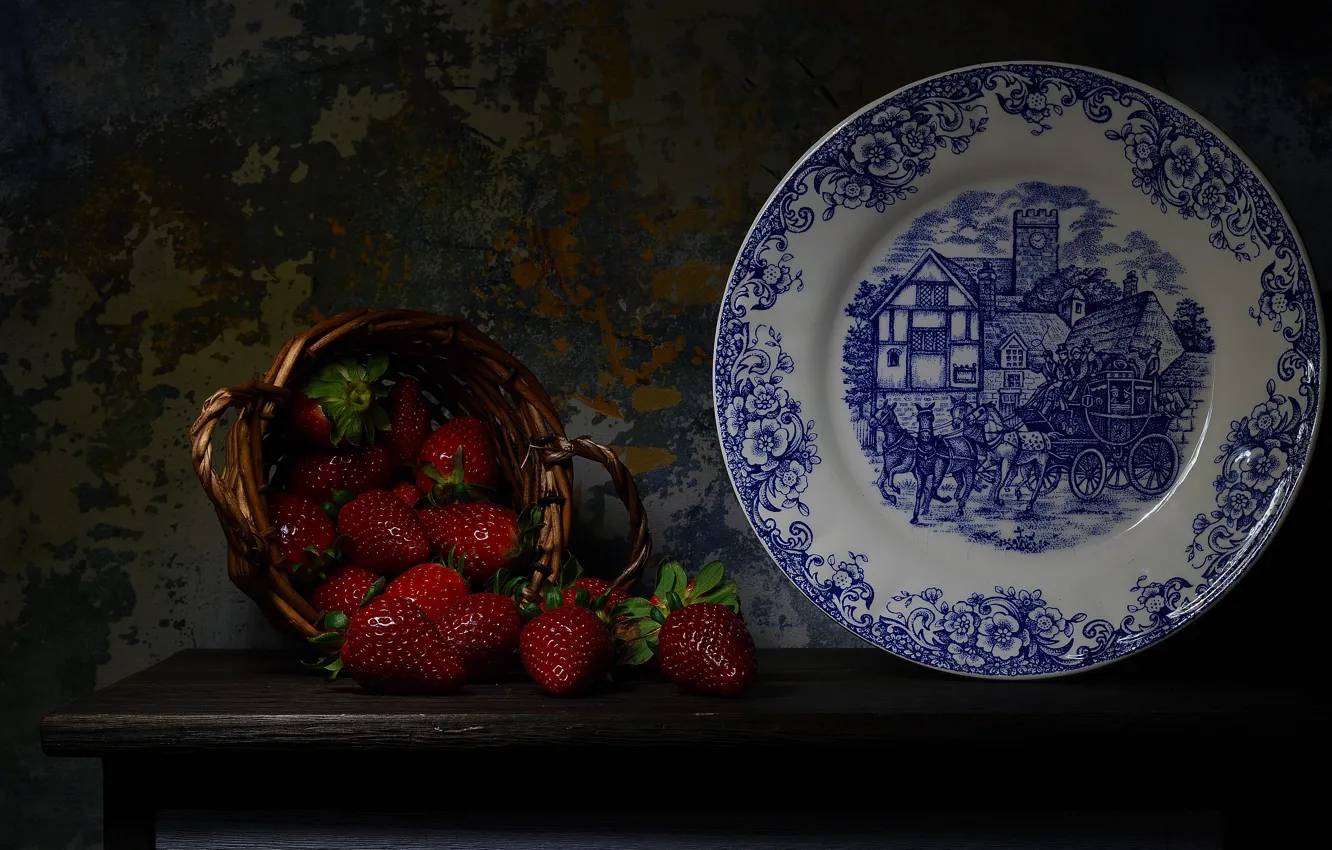 Photo wallpaper the dark background, table, basket, plate, dish, berries, still life, strawberry