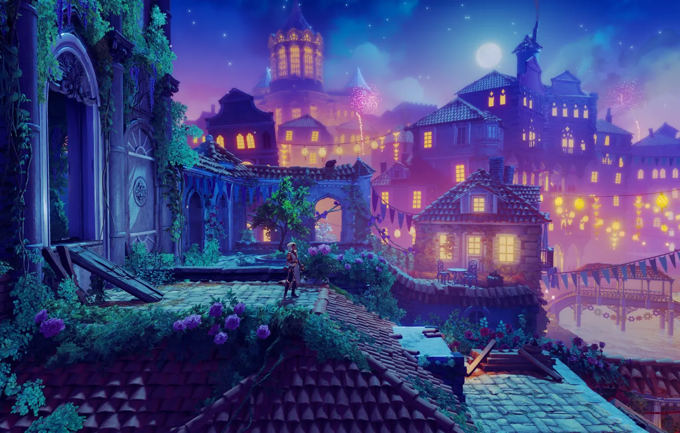 Photo wallpaper girl, night, the city, lights, the moon, Trine 4: The Nightmare Prince