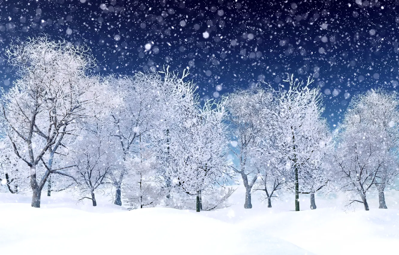 Photo wallpaper winter, snow, trees, snowflakes, landscape, winter, snow, tree