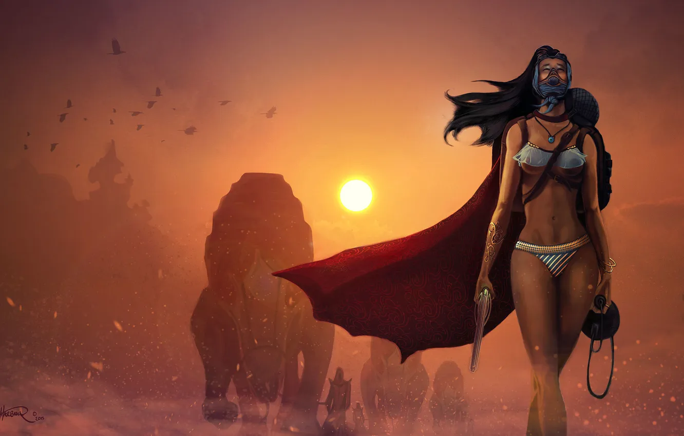 Photo wallpaper sand, girl, the sun, weapons, animal, the wind, desert, mask