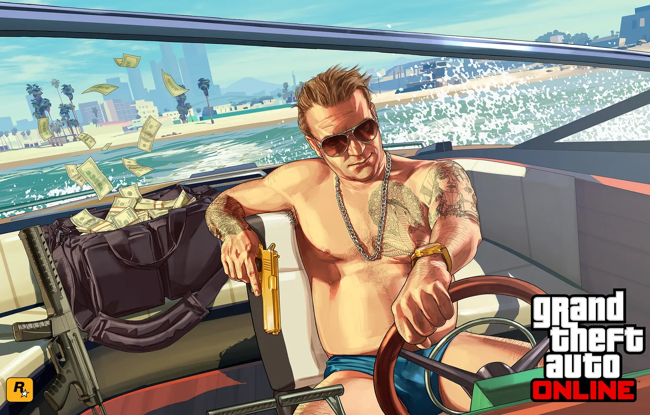 Photo wallpaper man, money, yacht, machine, the bandits, online, gta 5, gangs