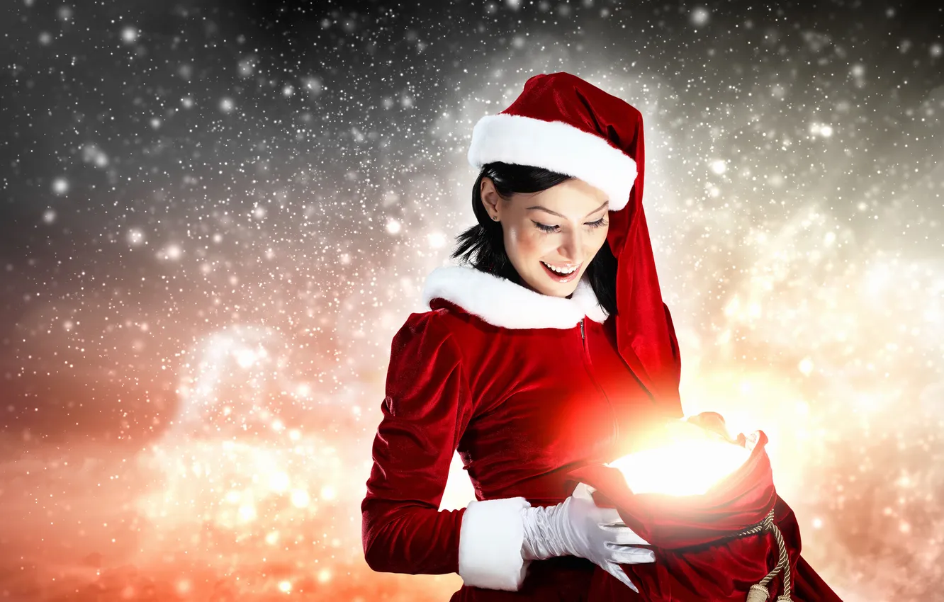 Photo wallpaper girl, decoration, smile, holiday, gift, toy, new year, package