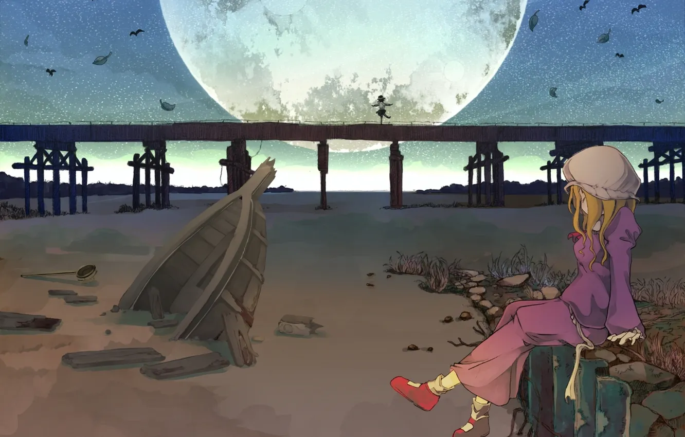 Photo wallpaper leaves, night, bridge, the moon, boat, dirt, the skeleton, girl