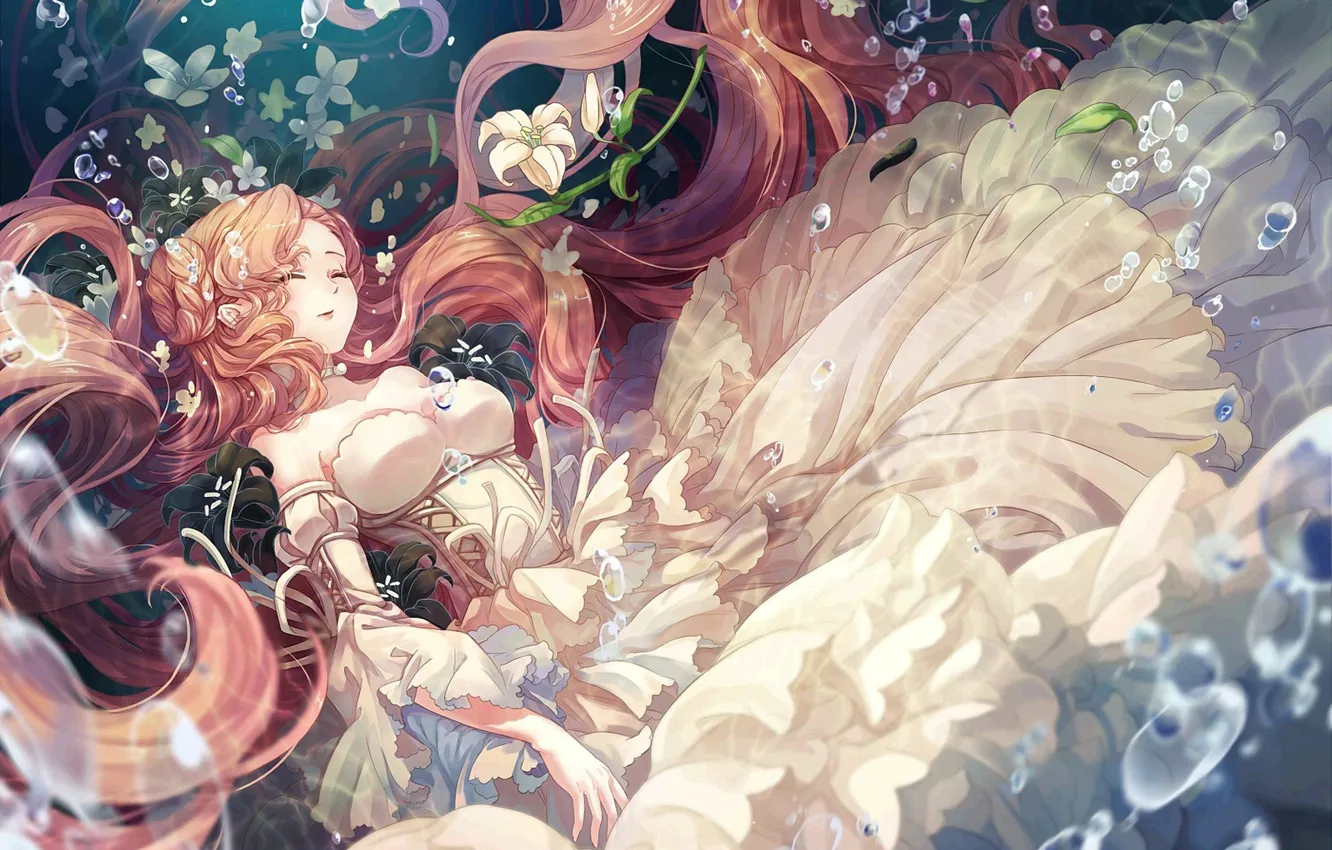 Photo wallpaper bubbles, neckline, white dress, in the water, code geass, code geass, white lilies, closed eyes