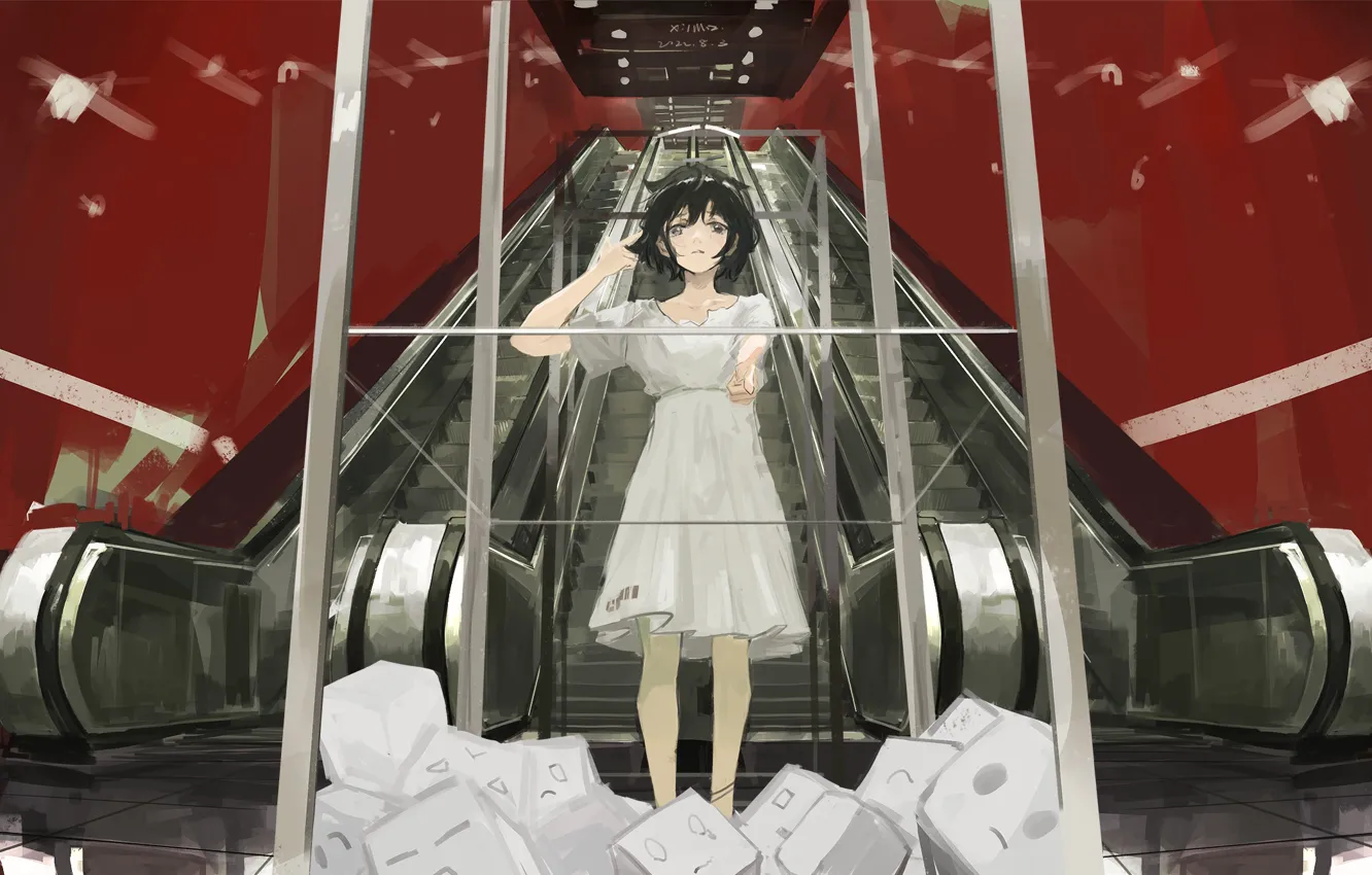 Photo wallpaper girl, emotions, cubes, escalator