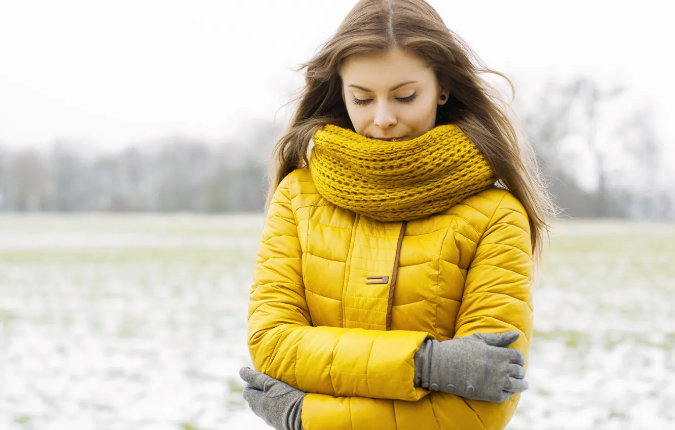 Photo wallpaper winter, field, girl, scarf, jacket, trees.