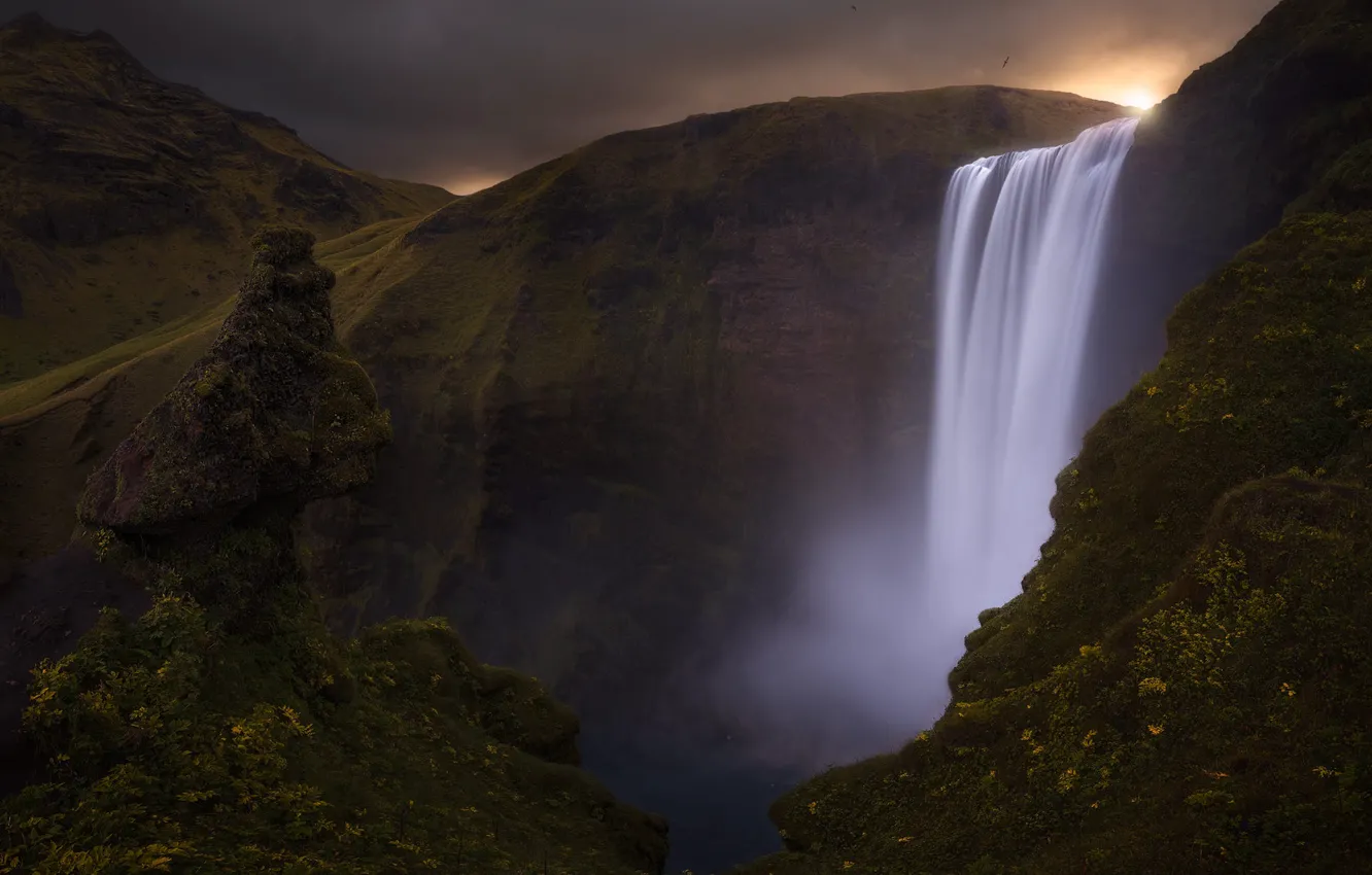 Photo wallpaper mountains, rocks, shore, waterfall, stream, slope, haze