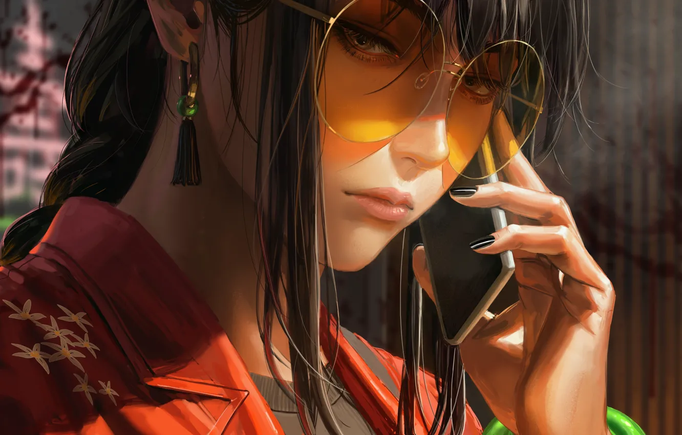 Photo wallpaper girl, glasses, smartphone, guweiz