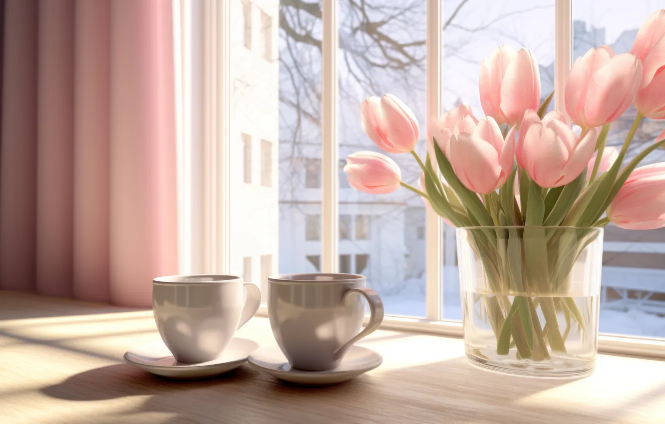 Photo wallpaper light, flowers, the city, tea, bouquet, spring, window, mug