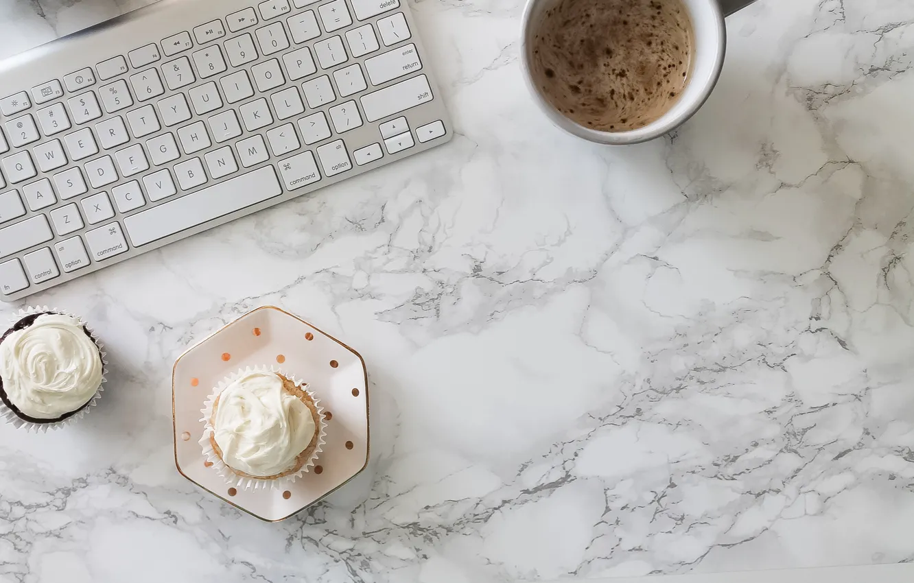 Photo wallpaper coffee, keyboard, coffee cup, cupcake, cupcakes, keyboard, marble