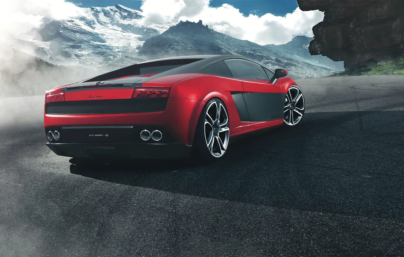 Photo wallpaper mountains, red, Lamborghini, red, Gallardo, Lamborghini, rear, Gallardo
