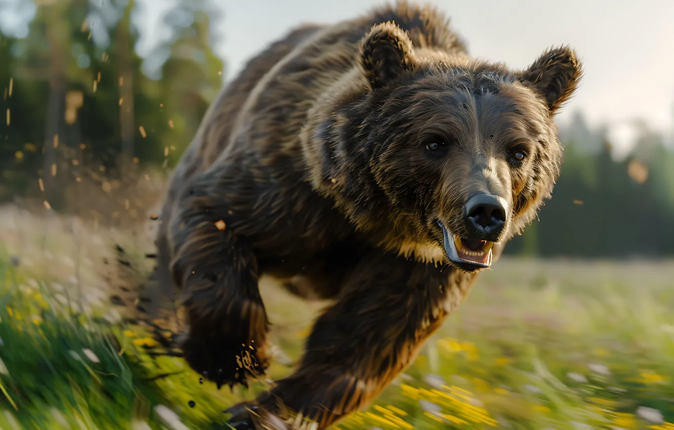 Photo wallpaper grass, face, predator, bear, running, brown bear, digital art, AI art