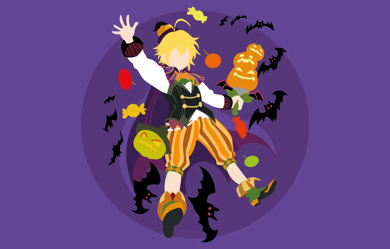Photo wallpaper background, minimalism, pumpkin, guy, bats, Halloween, Nanatsu no Taizai, The seven deadly sins
