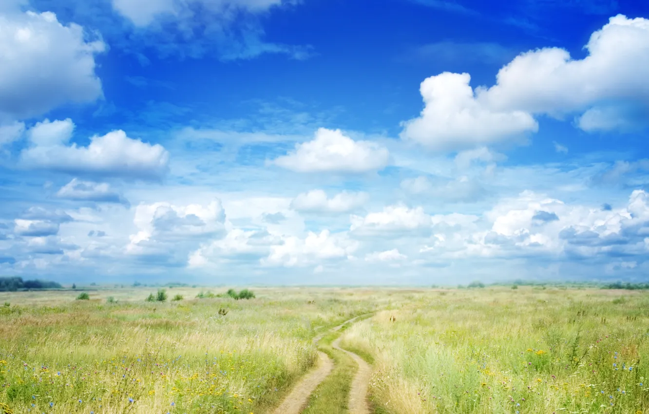Photo wallpaper field, the sky, clouds, landscape, nature, track