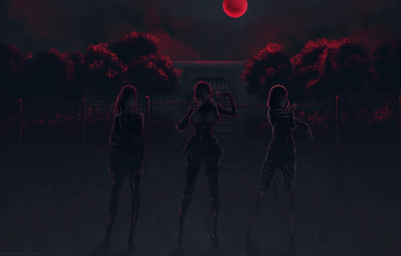 Photo wallpaper art, barbed wire, blood Moon, Kurihar To Maki, Meiko Shiraki, The school-prison, Hana Midorikawa, Akira …