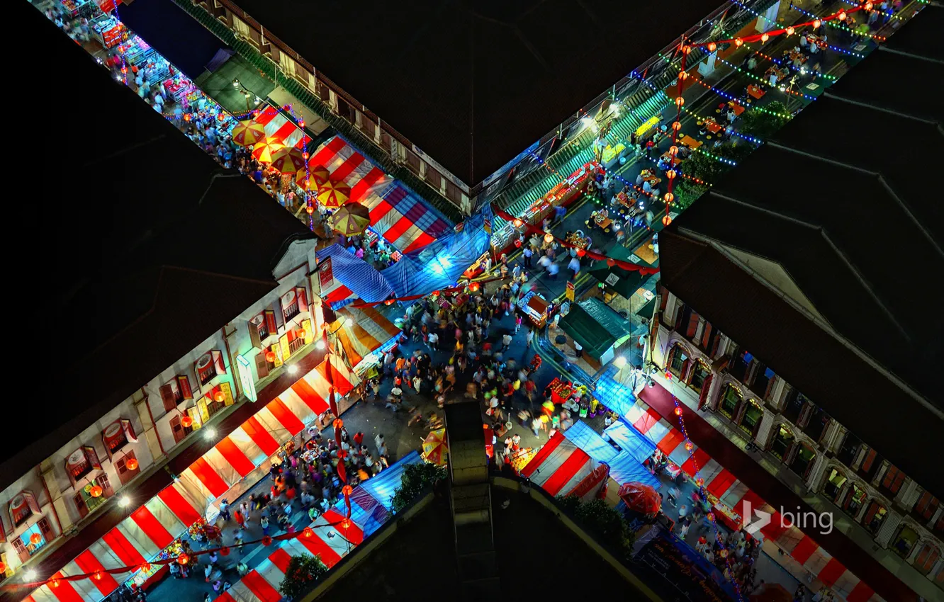 Photo wallpaper night, lights, people, street, home, crossroads, Singapore, Chinatown