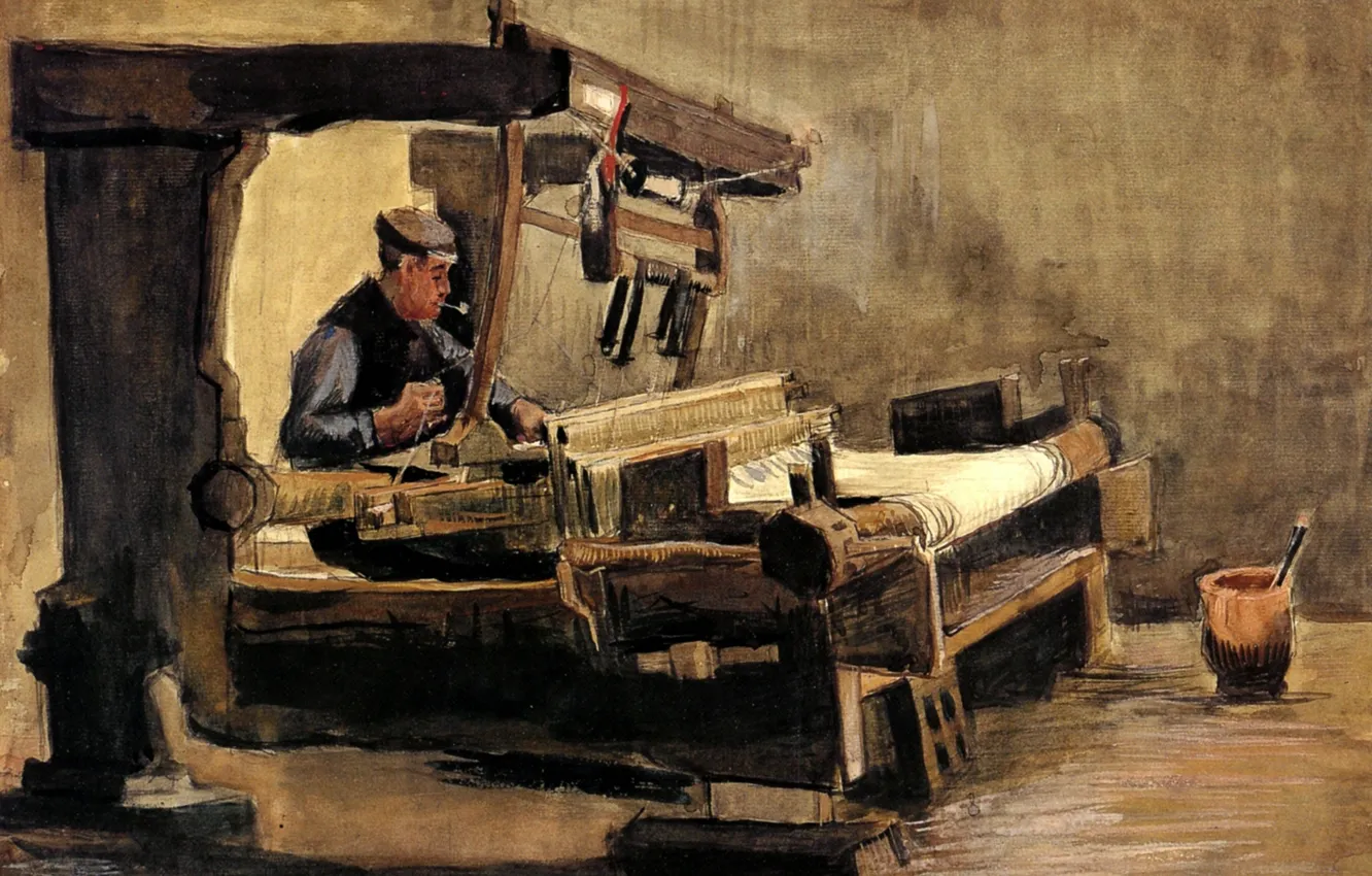 Photo wallpaper white fabric, Vincent van Gogh, Weaver 3, weaver with a pipe