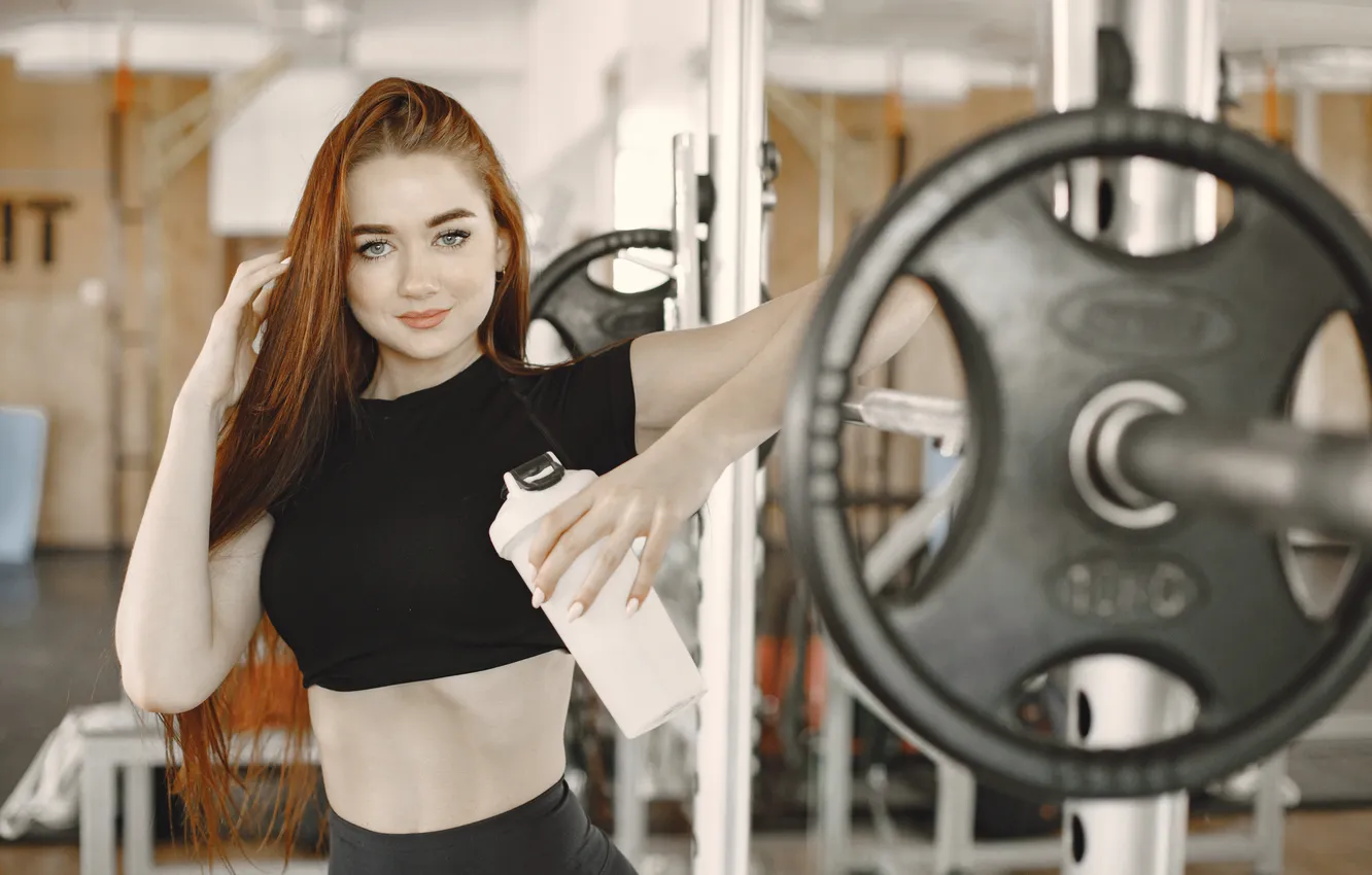 Photo wallpaper woman, power, strength, workout, barbell, Leaning